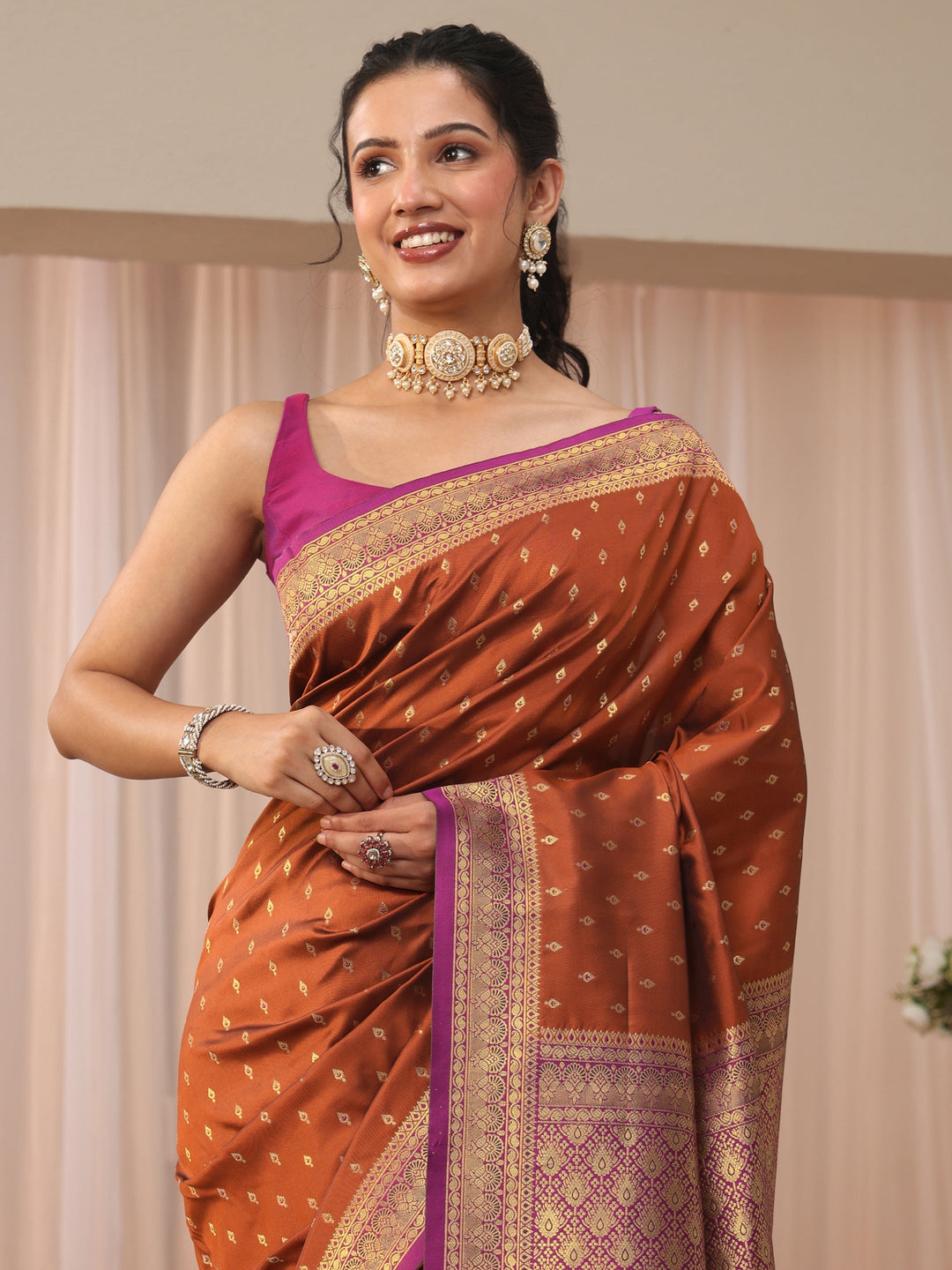 Libas Rust Kanjeevaram Silk Blend Saree