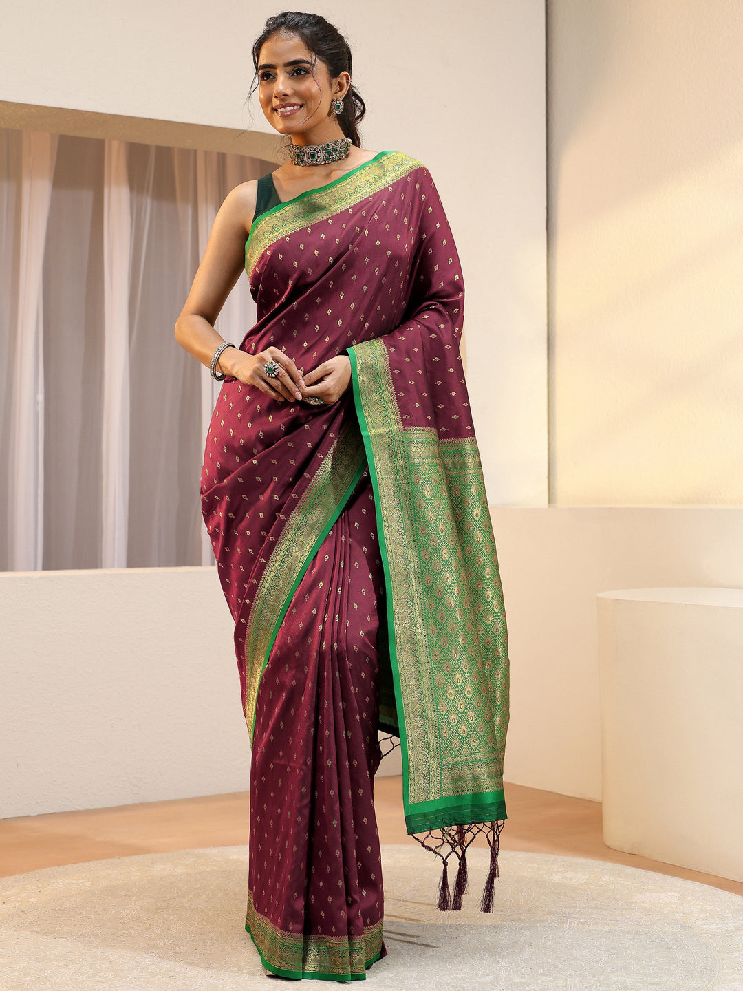 Maroon Ethnic Woven Design Silk Blend Saree