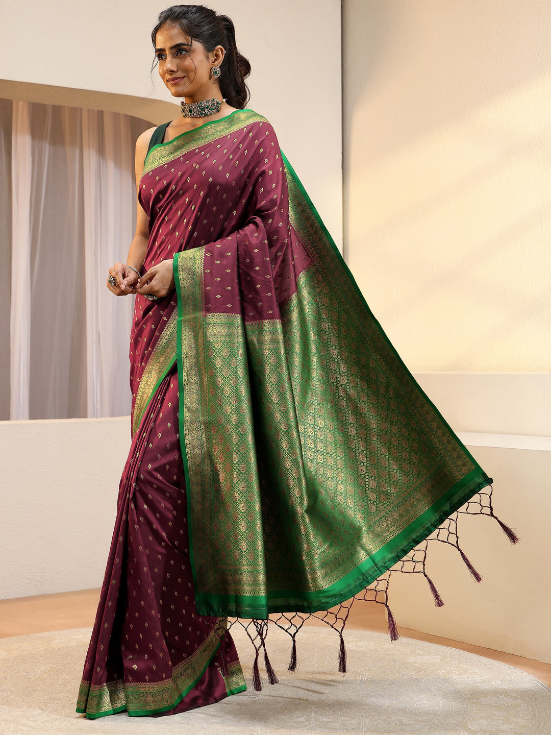 Maroon Ethnic Woven Design Silk Blend Saree