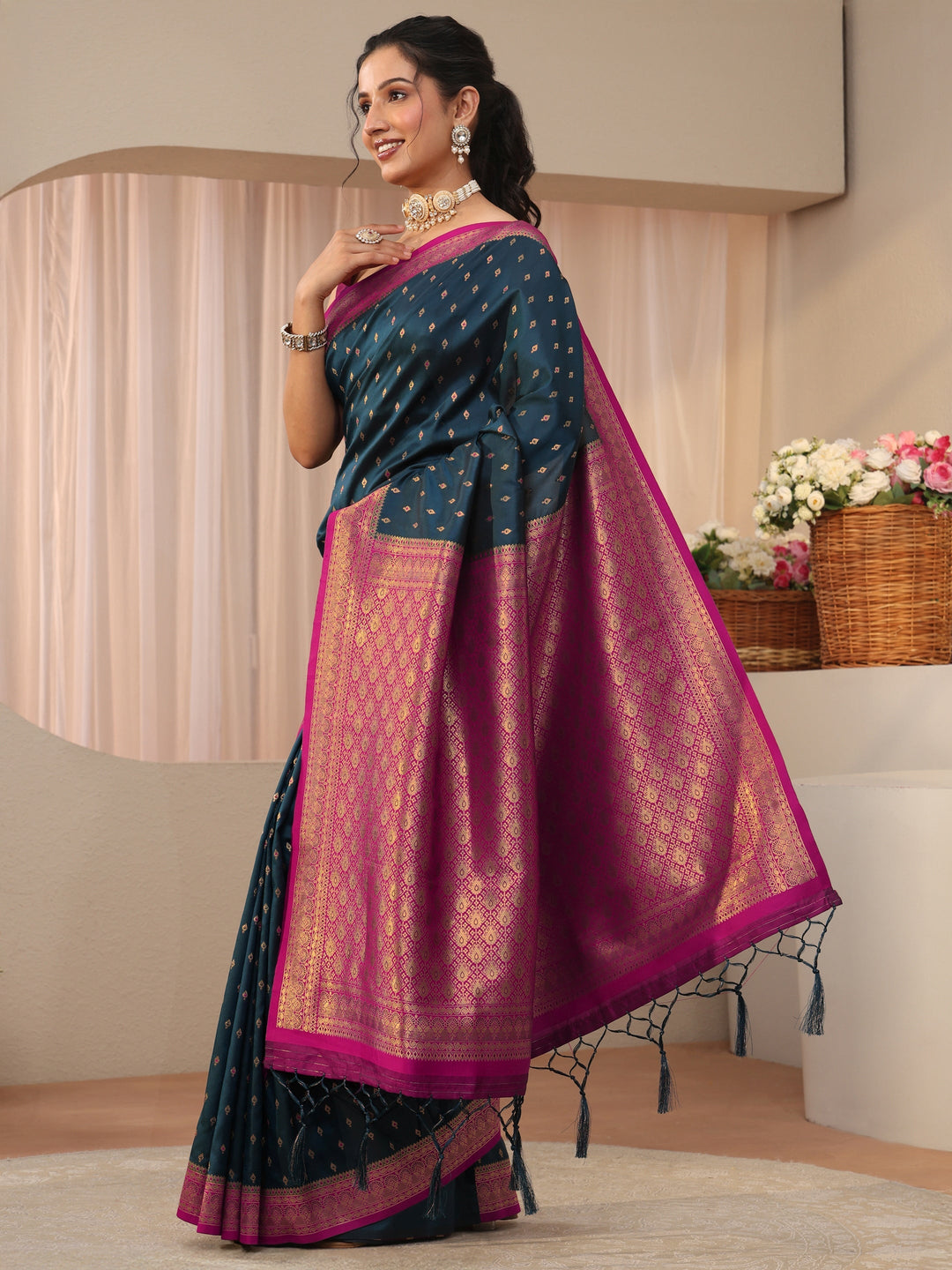 Libas Navy Blue Kanjeevaram Silk Blend Saree