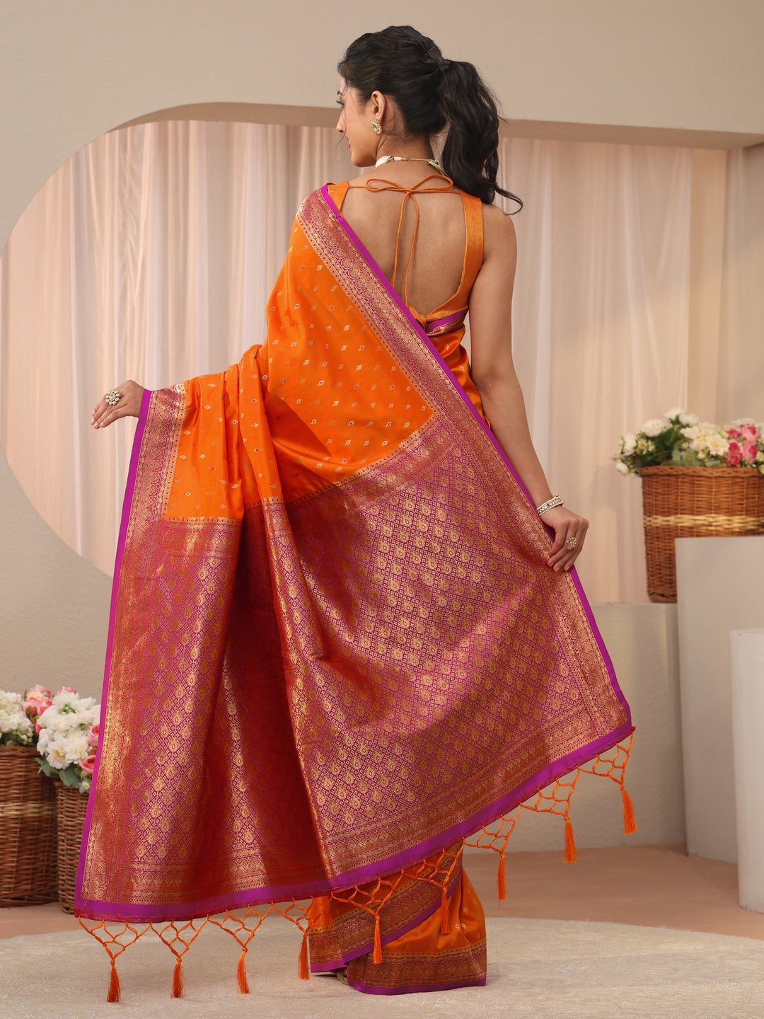 Libas Orange Kanjeevaram Silk Blend Saree