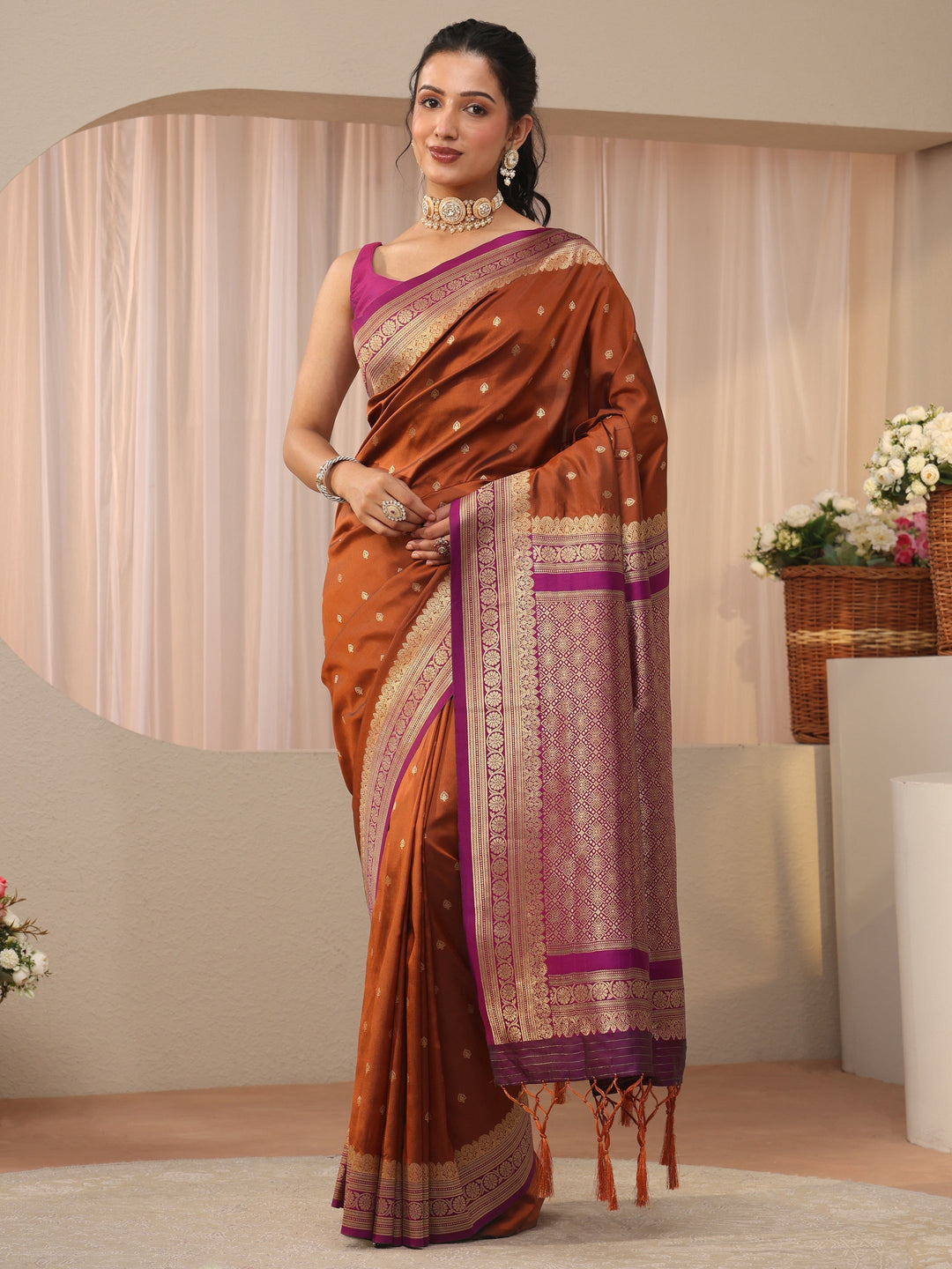Libas Rust Kanjeevaram Silk Blend Saree