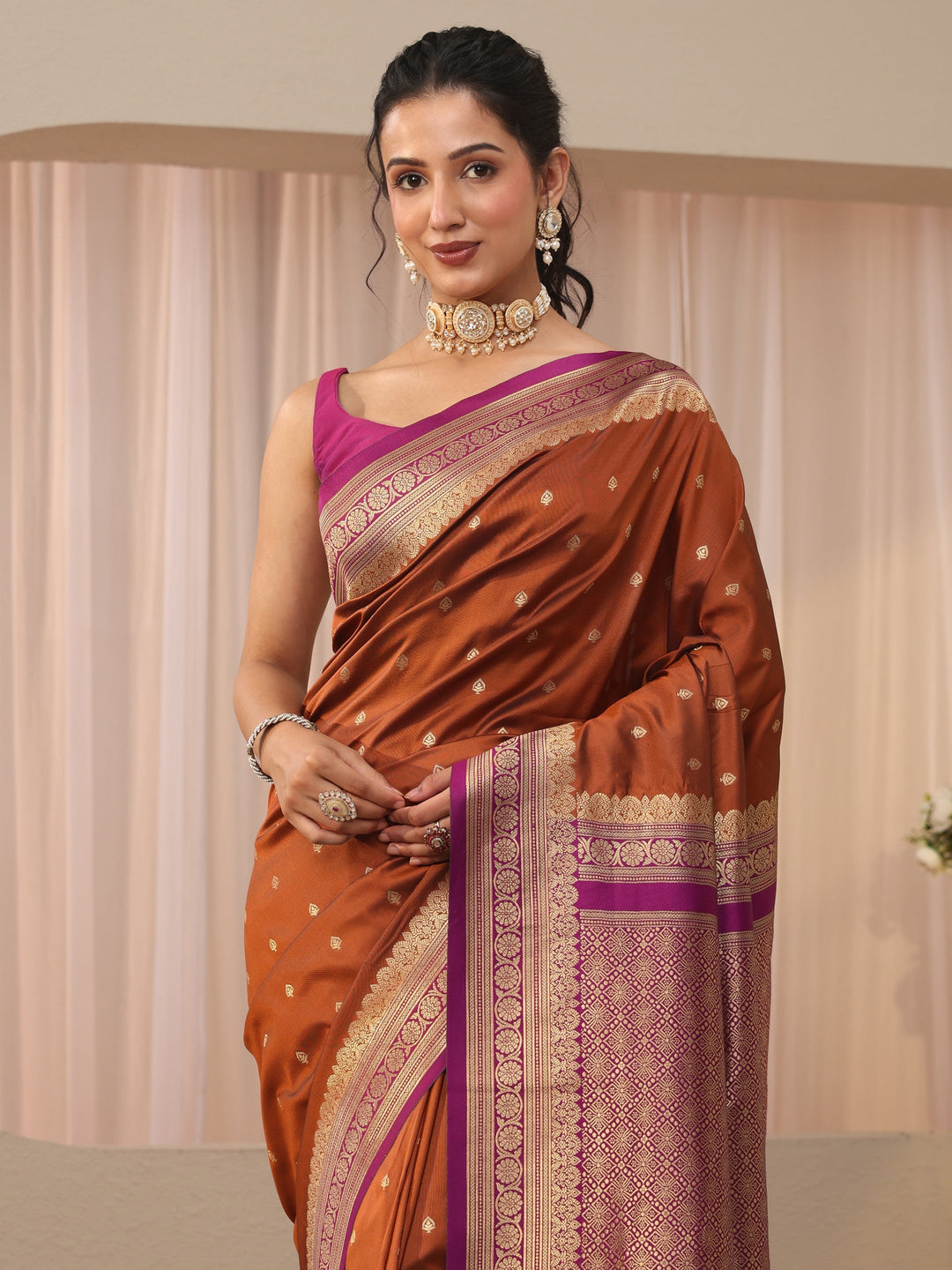 Libas Rust Kanjeevaram Silk Blend Saree