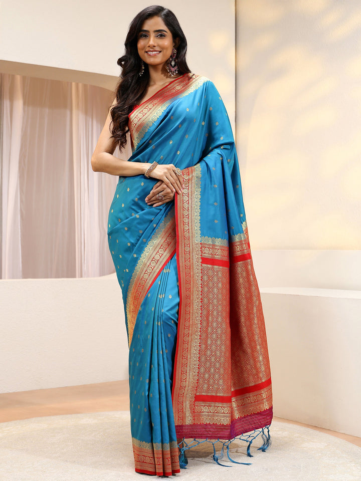 Blue Ethnic Woven Design Silk Blend Saree