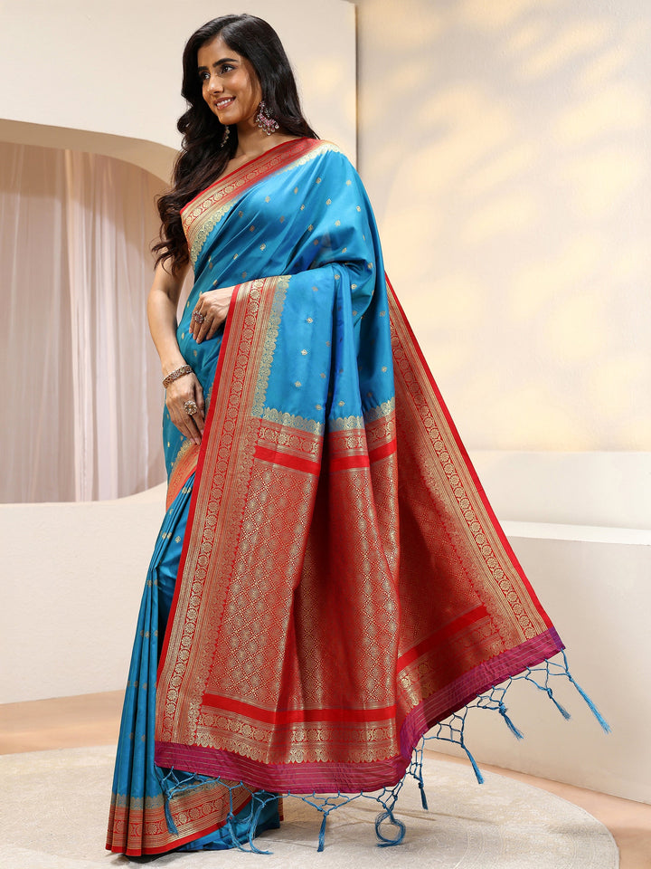 Blue Ethnic Woven Design Silk Blend Saree