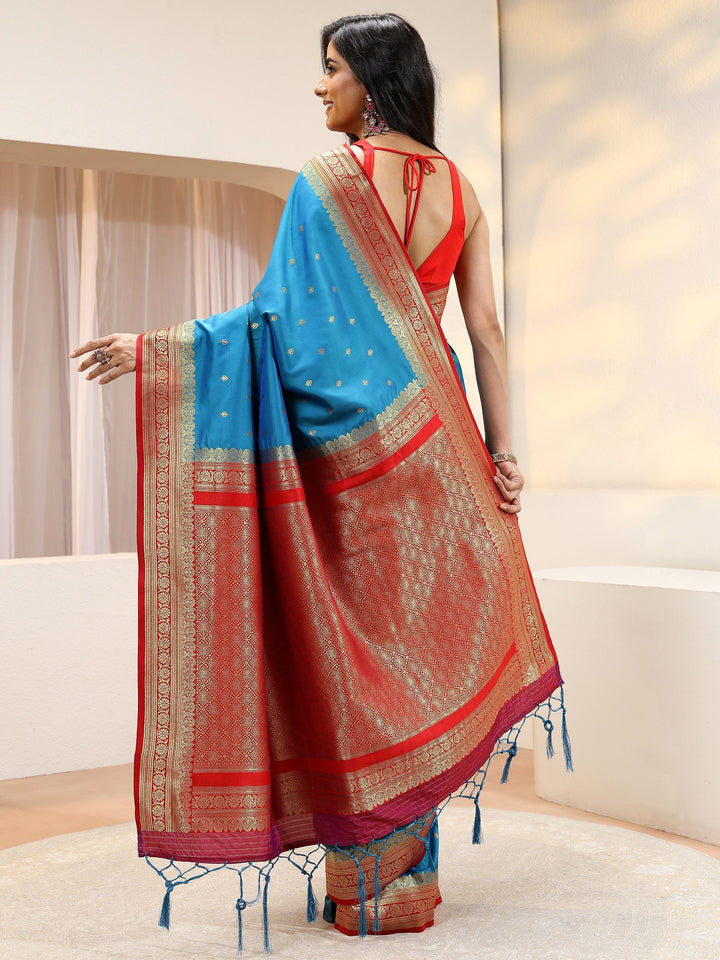 Blue Ethnic Woven Design Silk Blend Saree