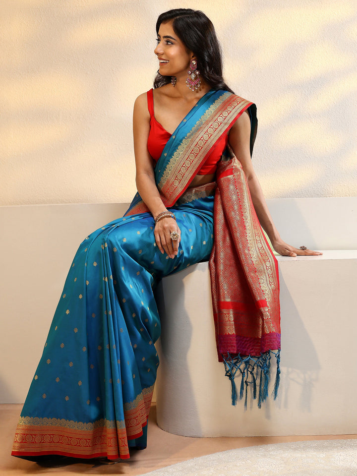 Blue Ethnic Woven Design Silk Blend Saree