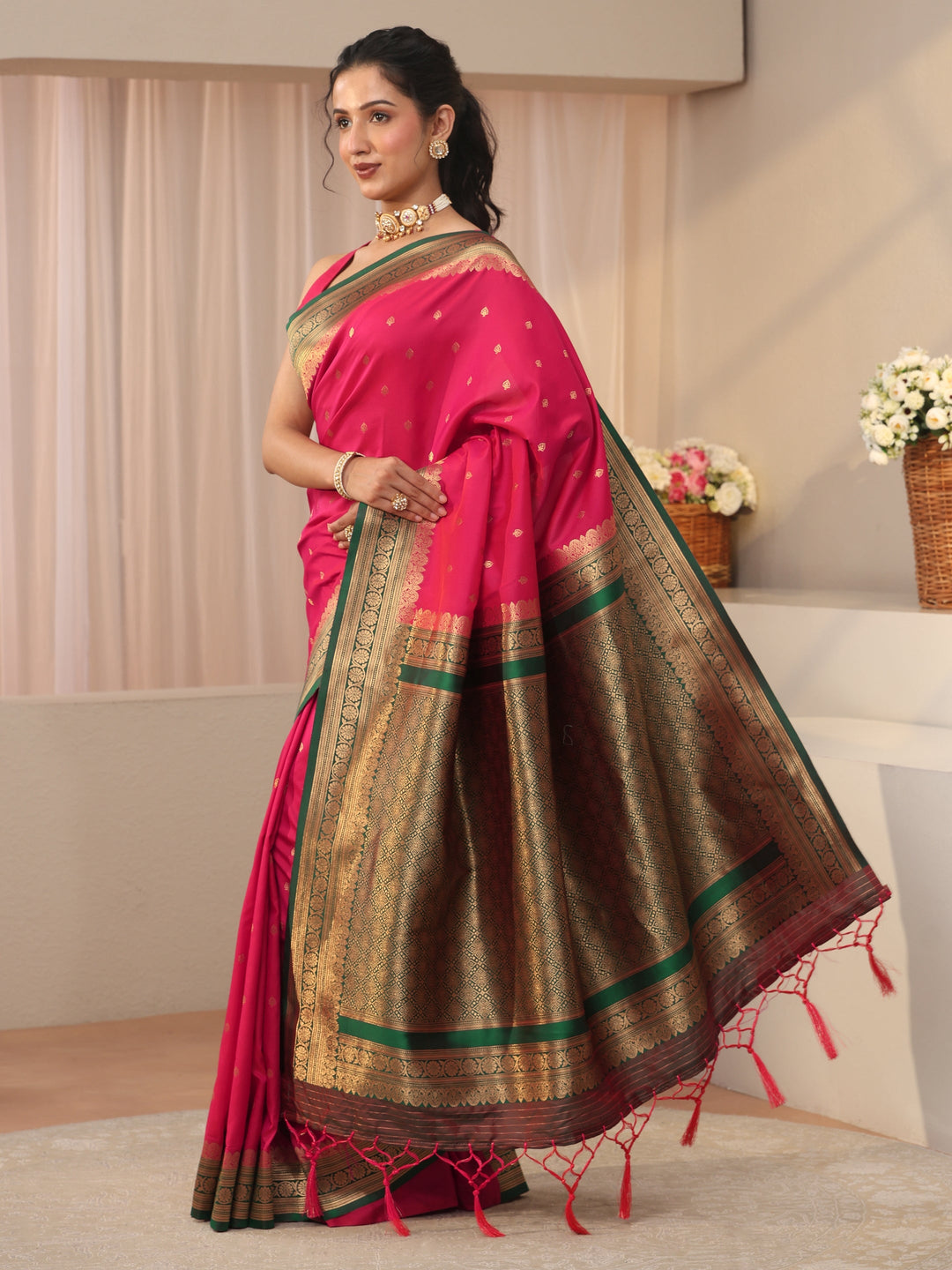 Pink Ethnic Motif Self Design Silk Blend Saree