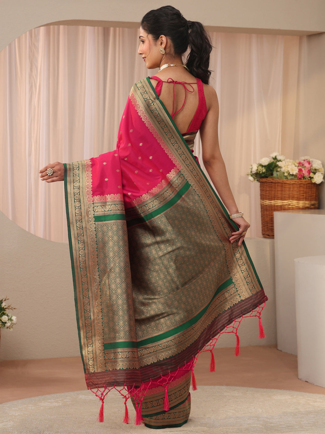 Pink Ethnic Motif Self Design Silk Blend Saree