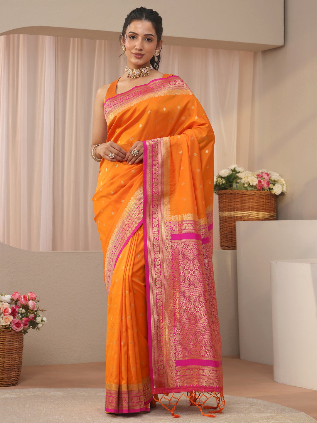 Orange Ethnic Motif Self Design Silk Blend Saree