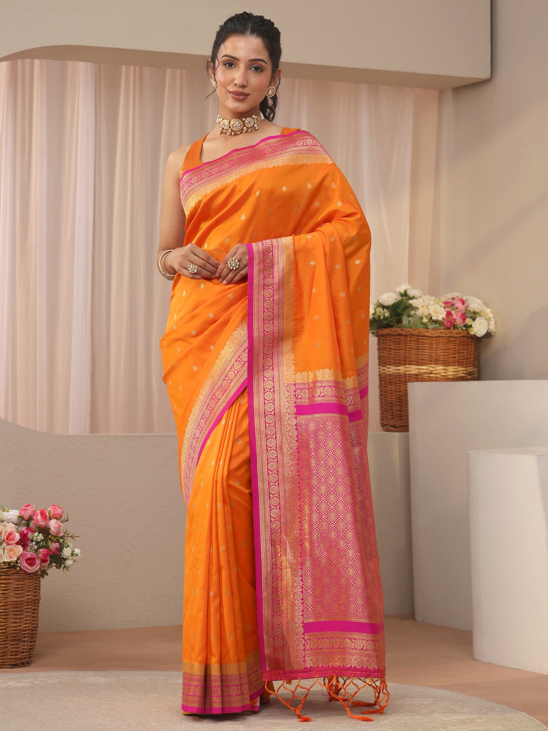 Libas Orange Kanjeevaram Silk Blend Saree