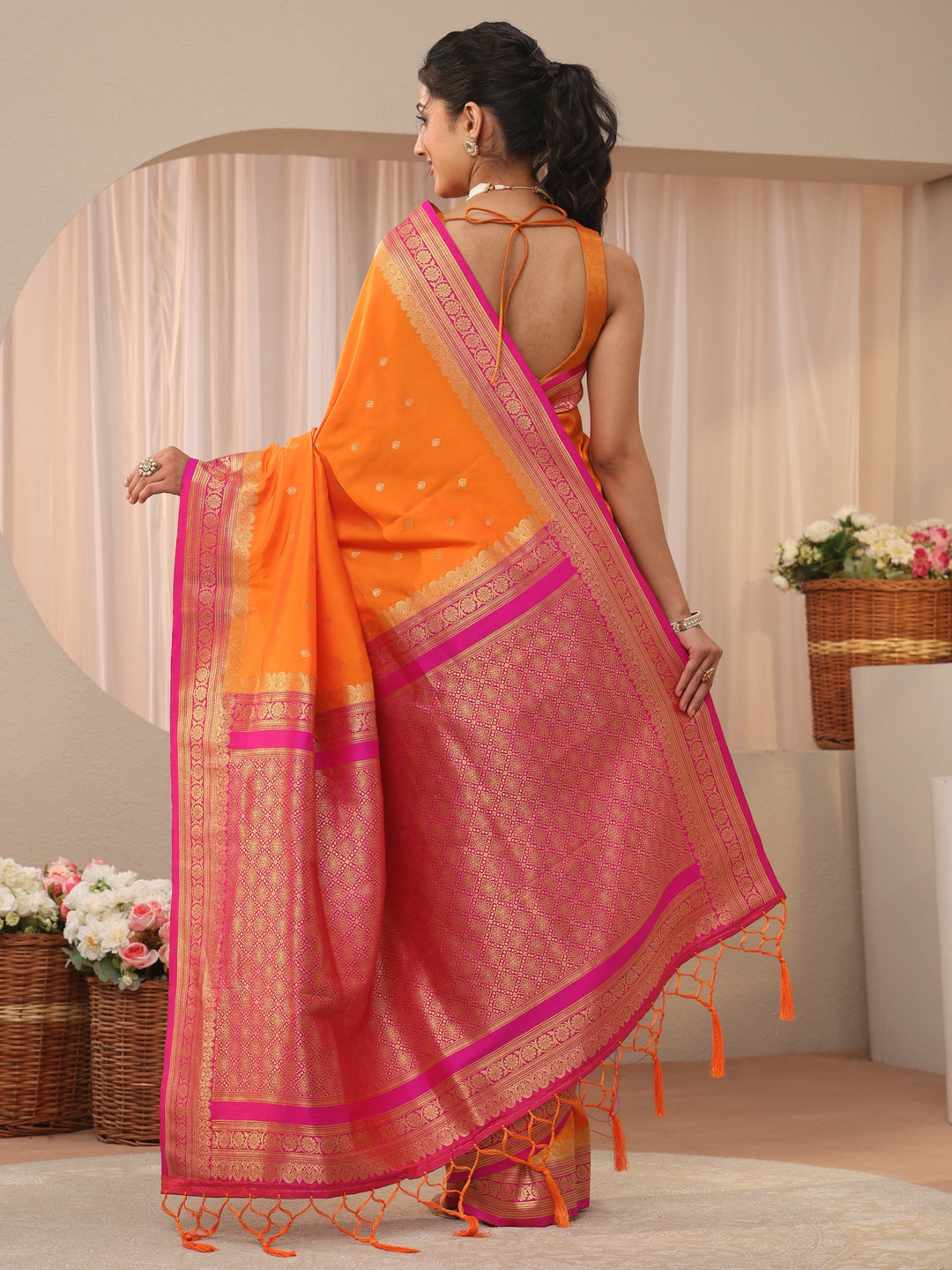 Libas Orange Kanjeevaram Silk Blend Saree