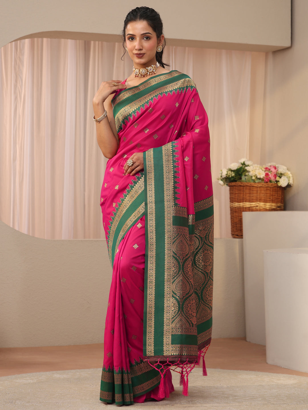 Pink Ethnic Motif Self Design Silk Blend Saree