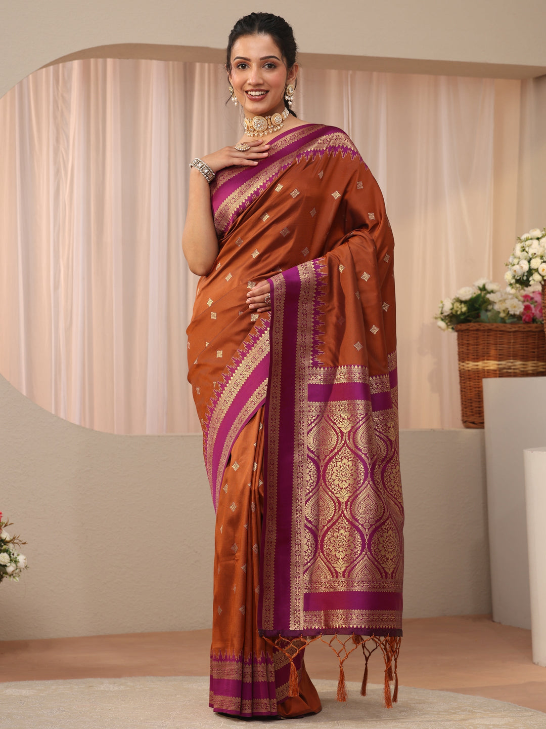 Libas Rust Kanjeevaram Silk Blend Saree