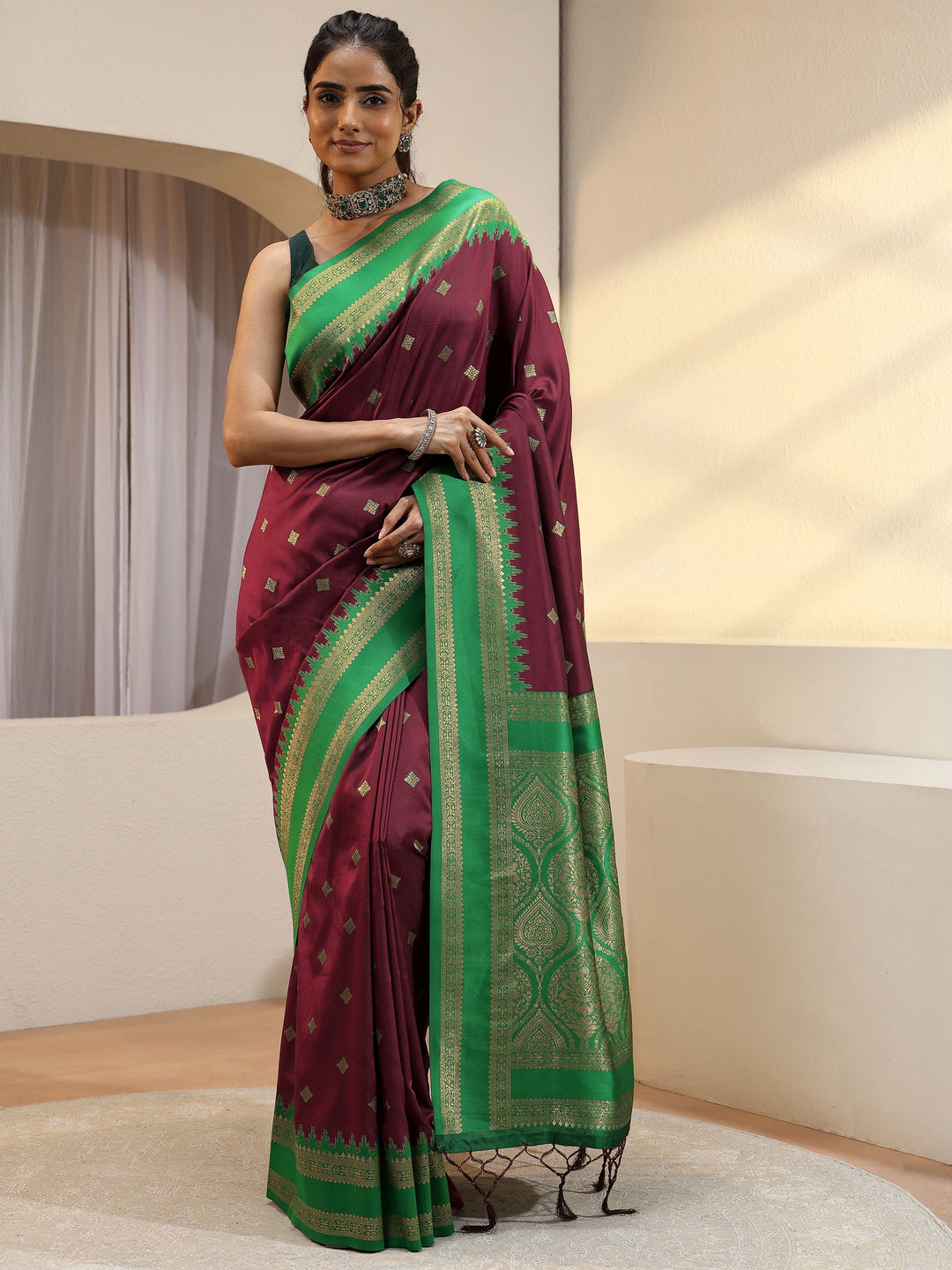 Mahagony Red Silk Blend Kanjeevaram Saree