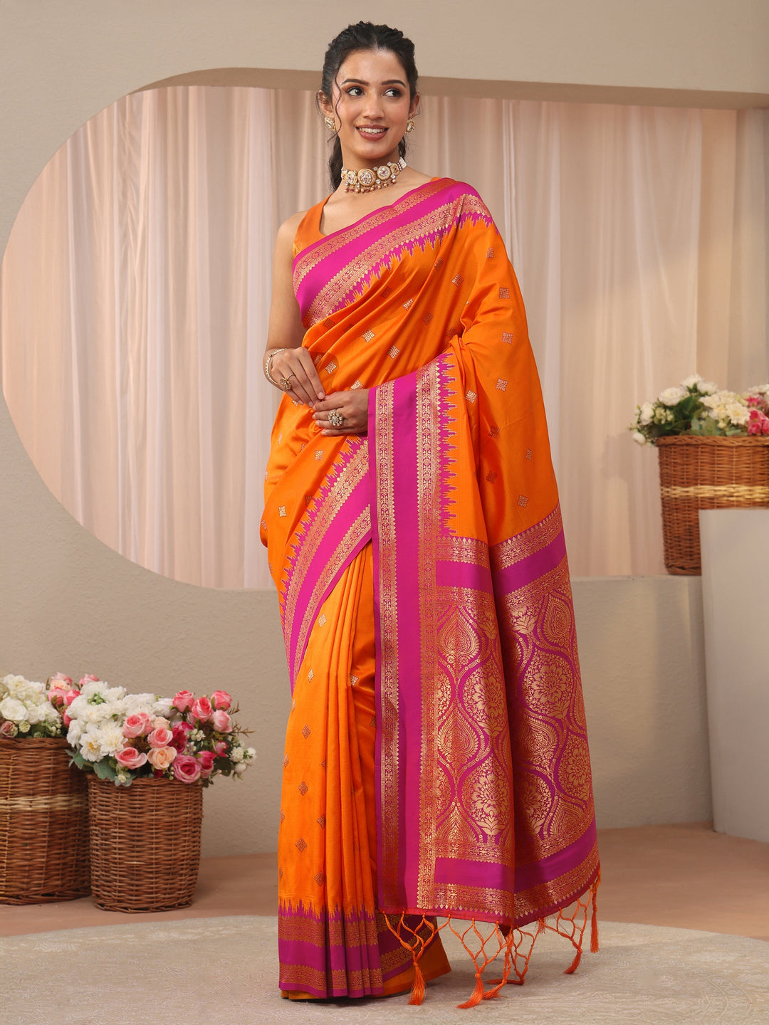 Orange Ethnic Motif Self Design Silk Blend Saree