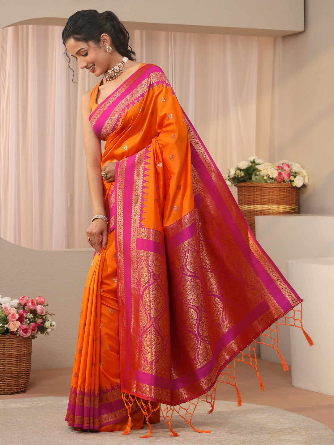 Orange Ethnic Motif Self Design Silk Blend Saree