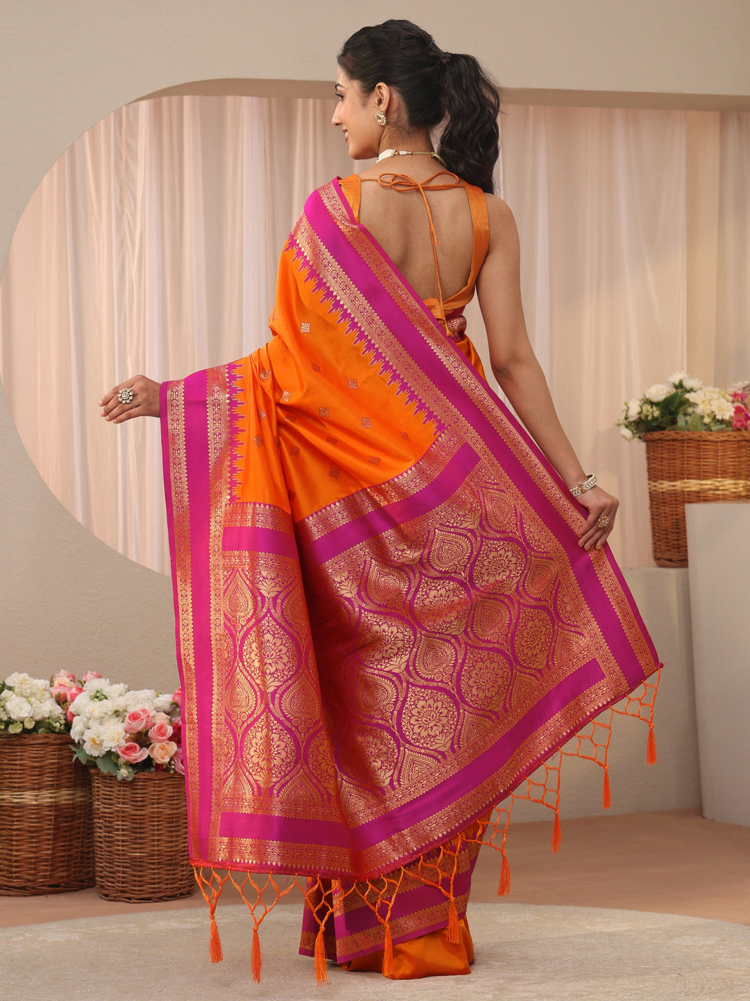 Orange Ethnic Motif Self Design Silk Blend Saree