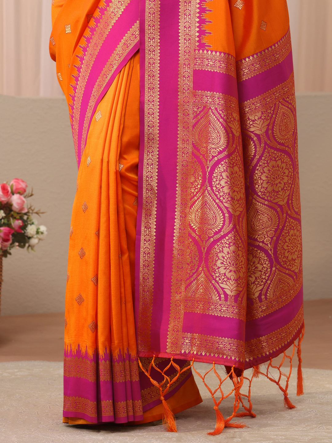 Orange Ethnic Motif Self Design Silk Blend Saree