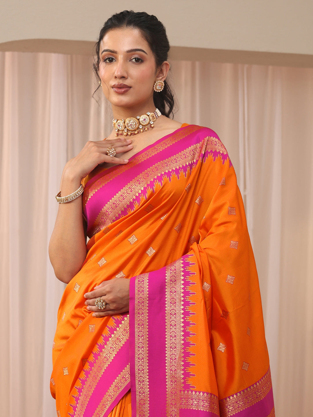 Orange Ethnic Motif Self Design Silk Blend Saree