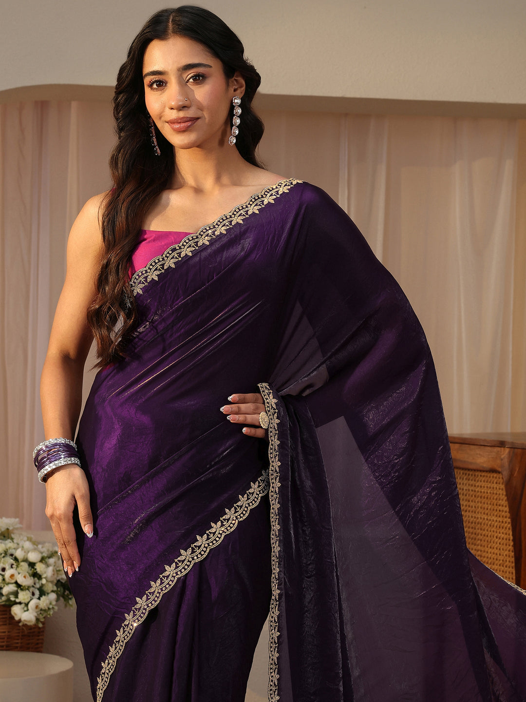 Purple Solid Tissue Saree