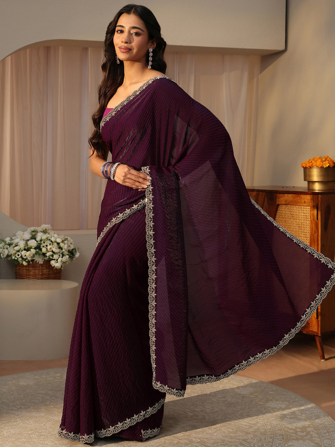 Purple Printed Tissue Saree