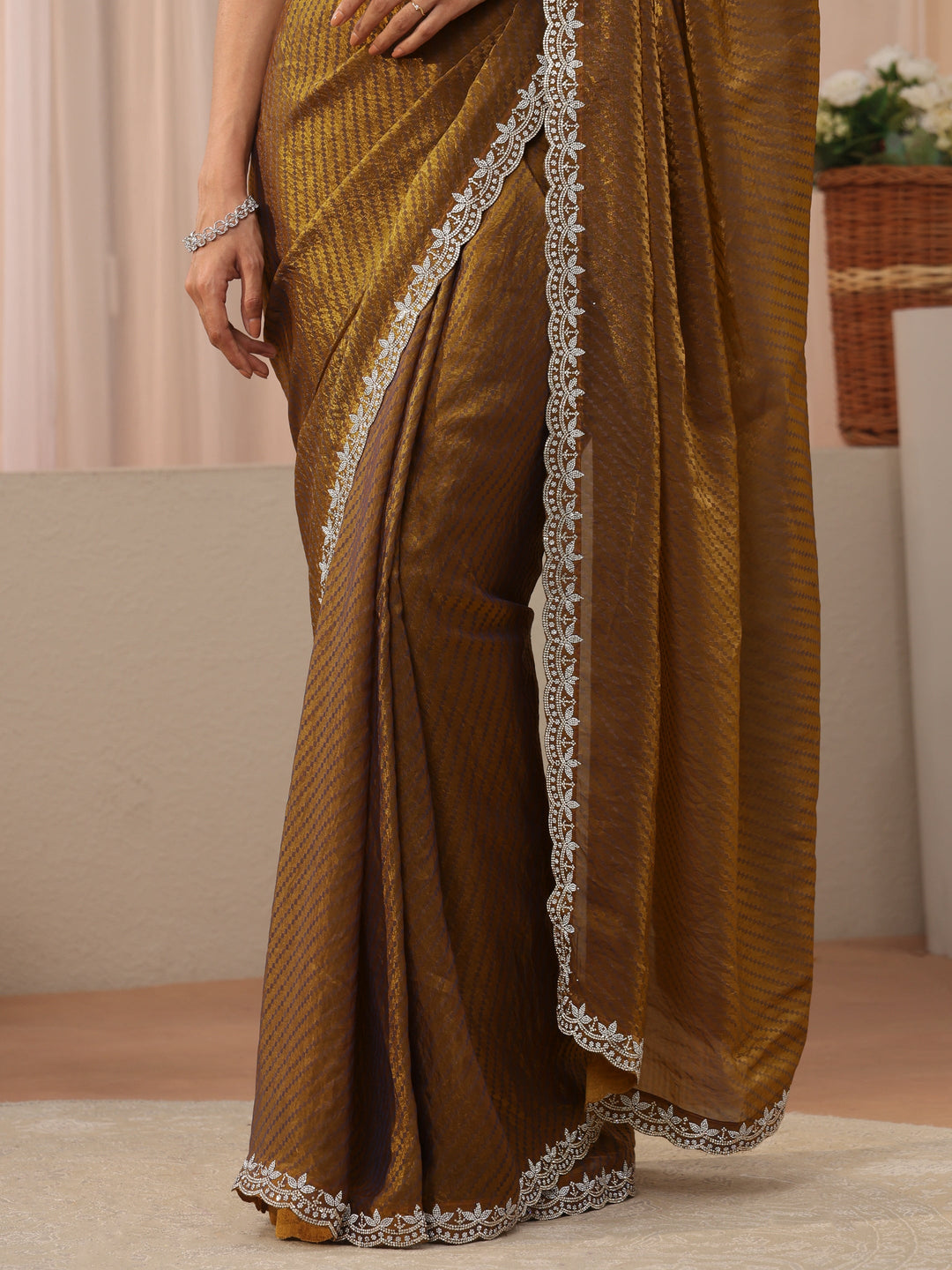Green Leheriya Printed Tissue Saree