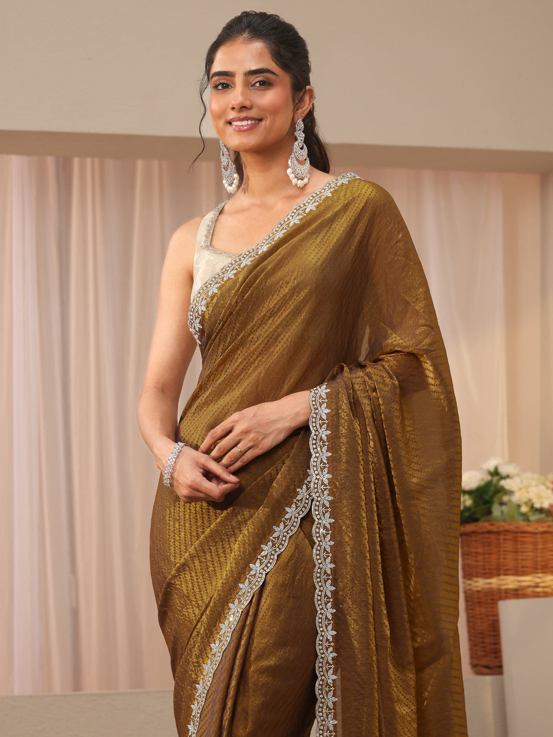 Green Leheriya Printed Tissue Saree