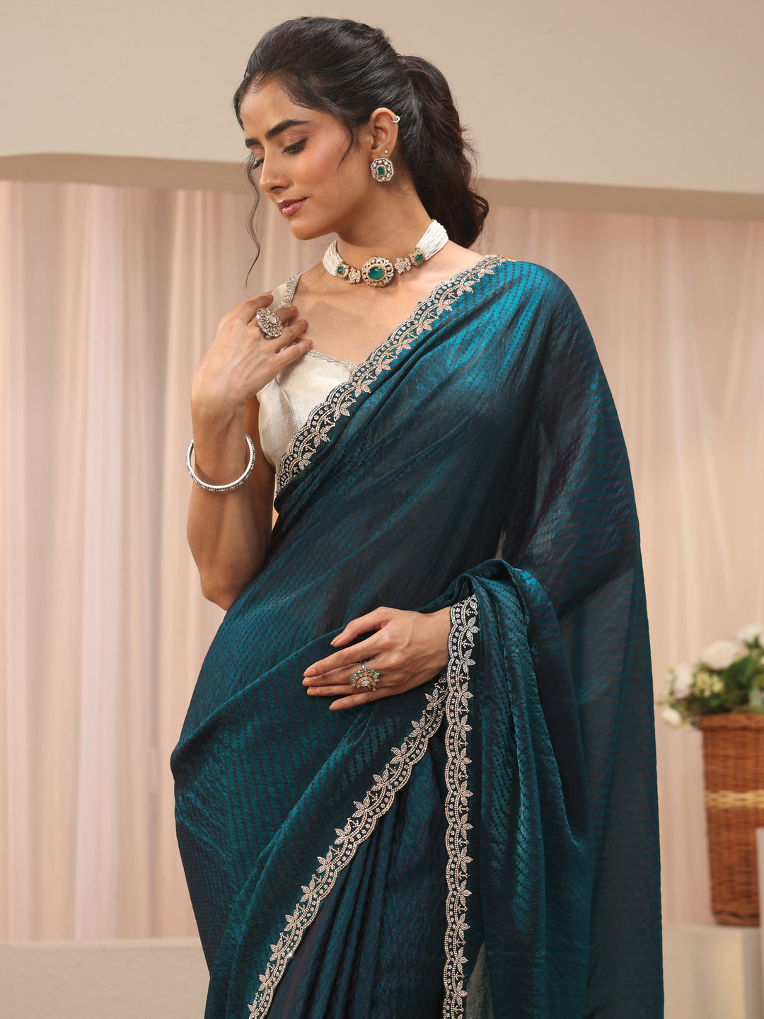 Teal Leheriya Printed Tissue Saree