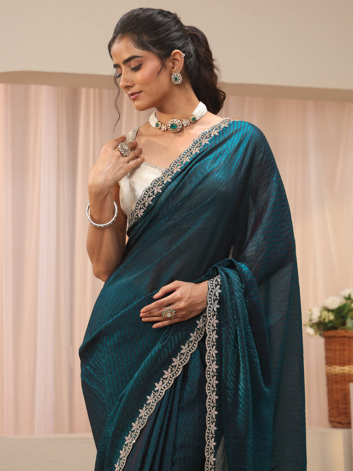 Teal Leheriya Printed Tissue Saree