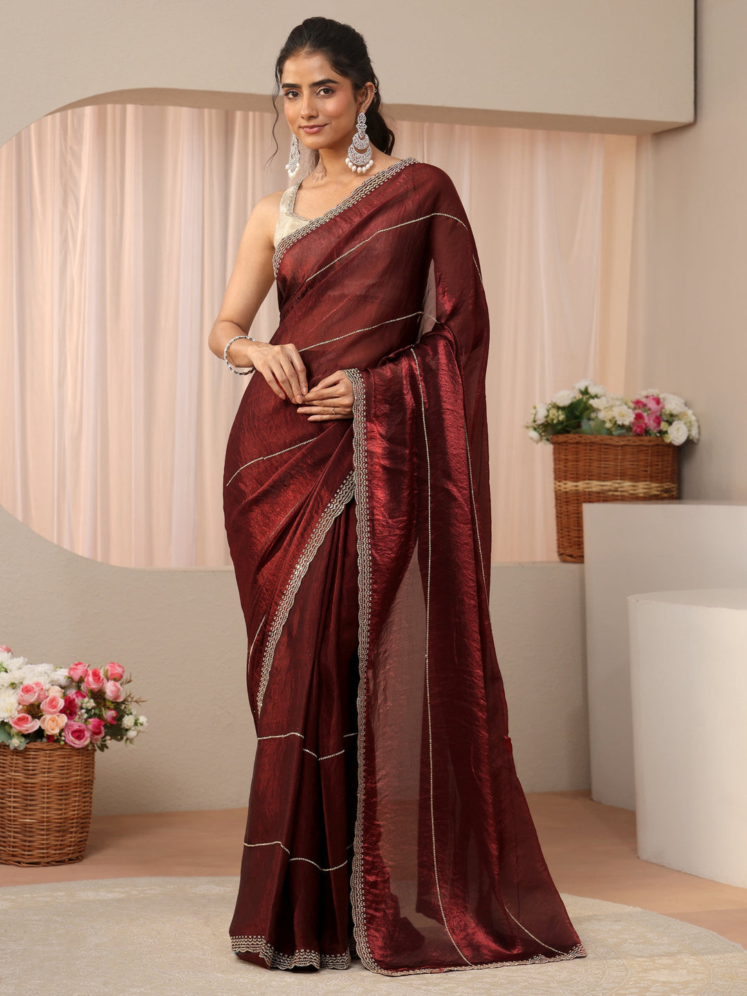 Maroon Embellished Tissue Saree