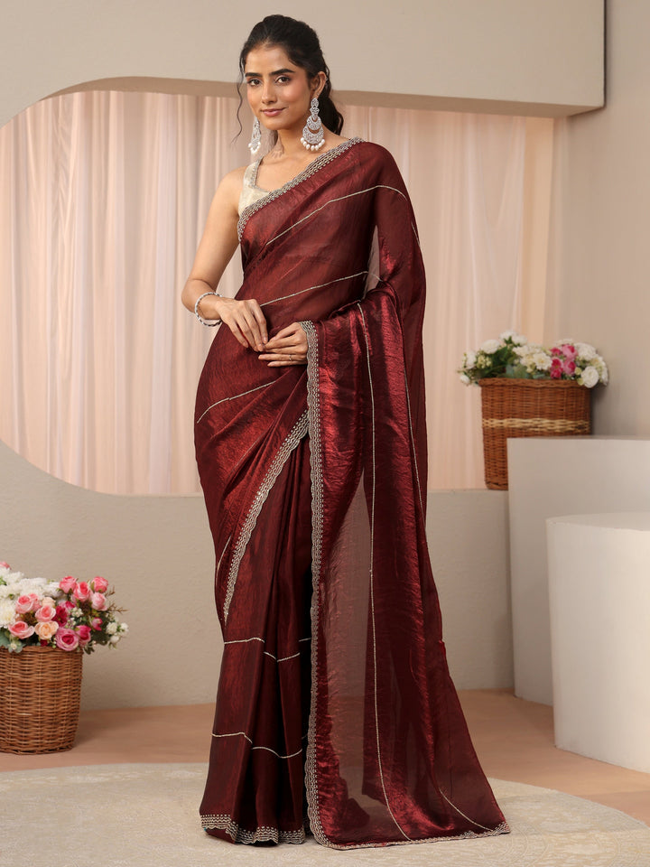 Maroon Embellished Tissue Saree