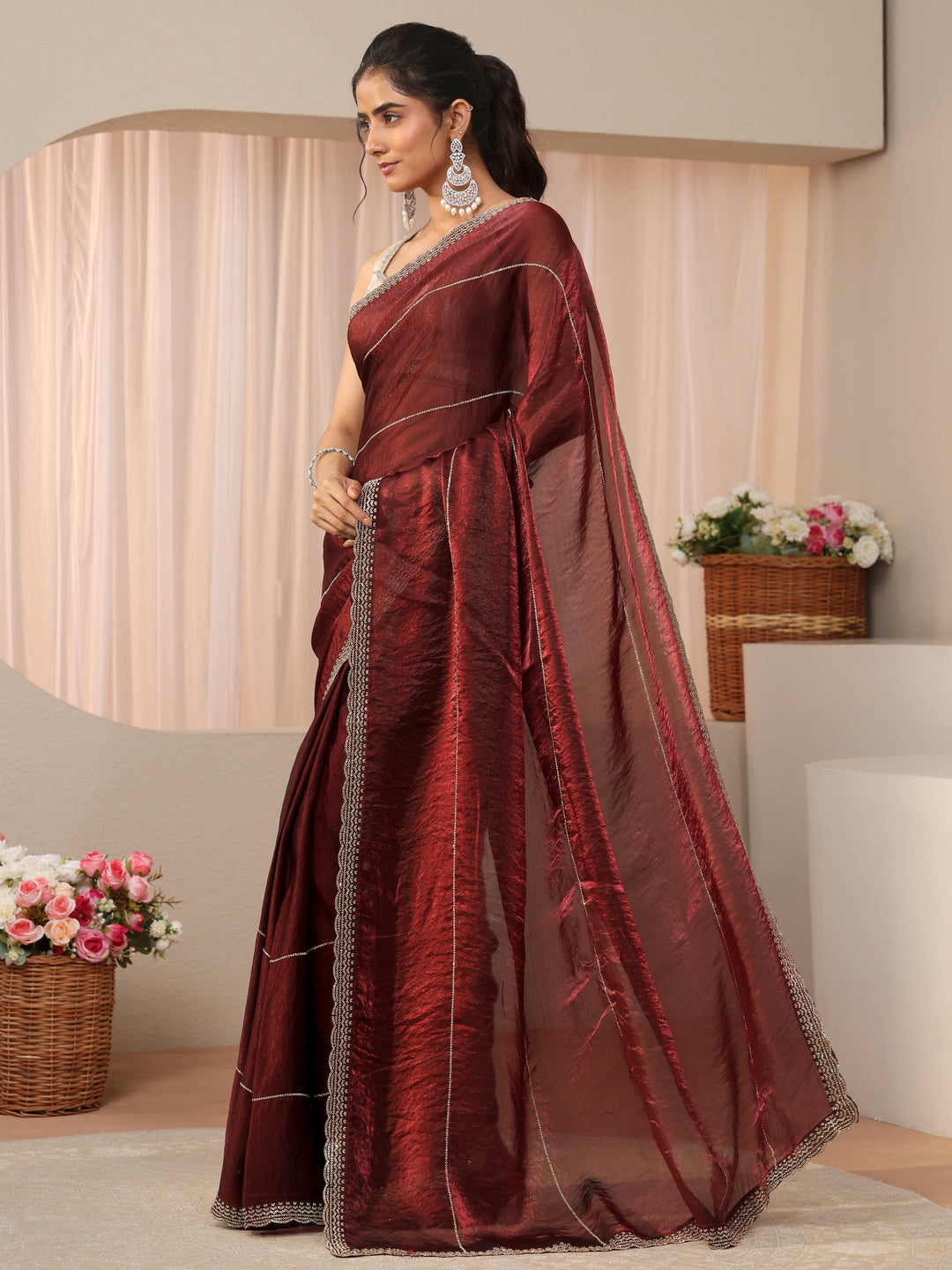 Maroon Embellished Tissue Saree