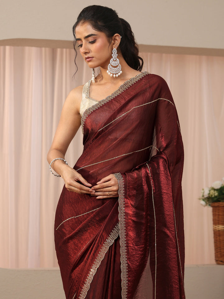 Maroon Embellished Tissue Saree