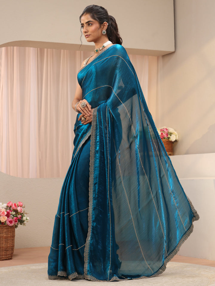 Blue Embellished Tissue Saree