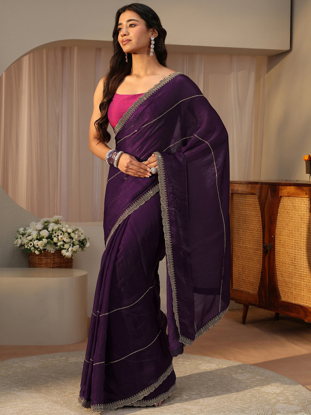 Purple Embellished Tissue Saree