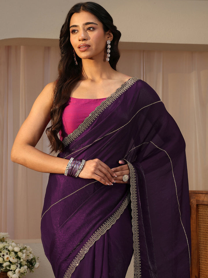 Purple Embellished Tissue Saree