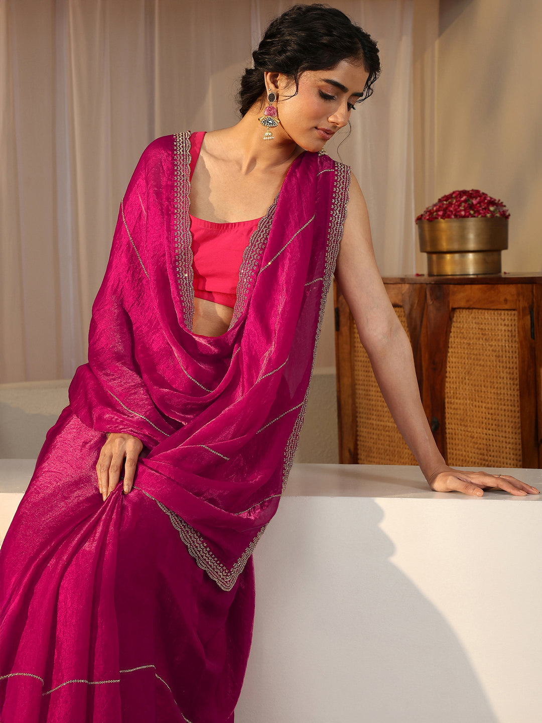 Pink Embellished Tissue Saree