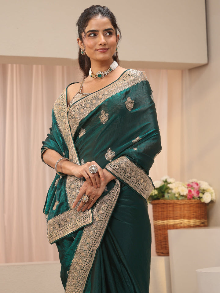 Green Ethnic Motif Embroidered Tissue Saree