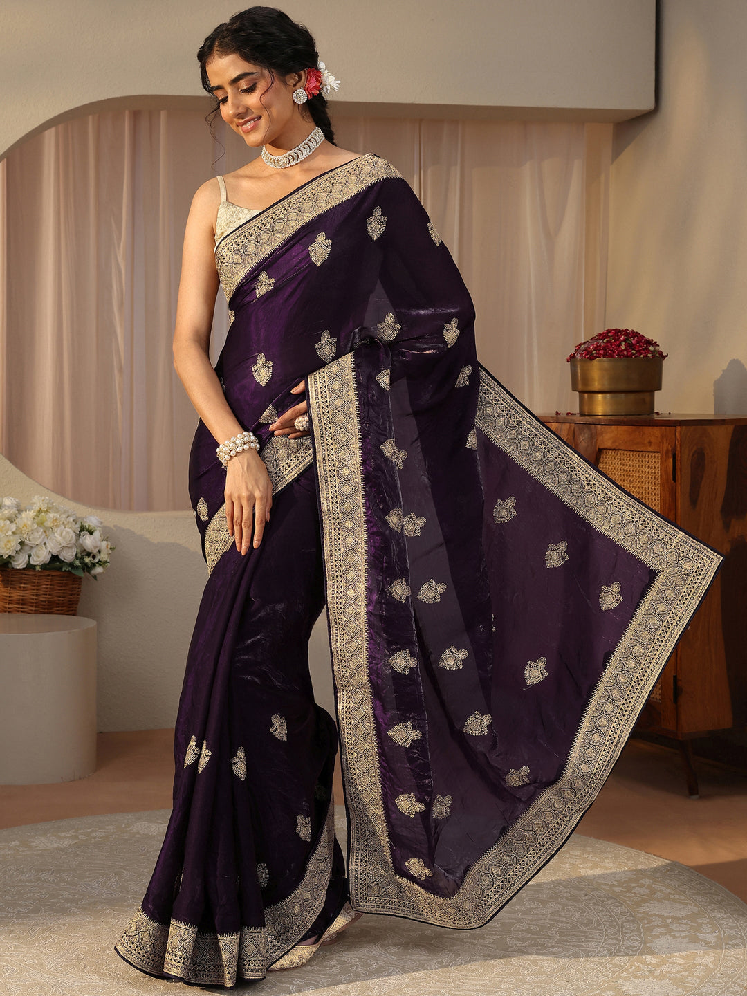 Purple Ethnic Embroidered Tissue Saree