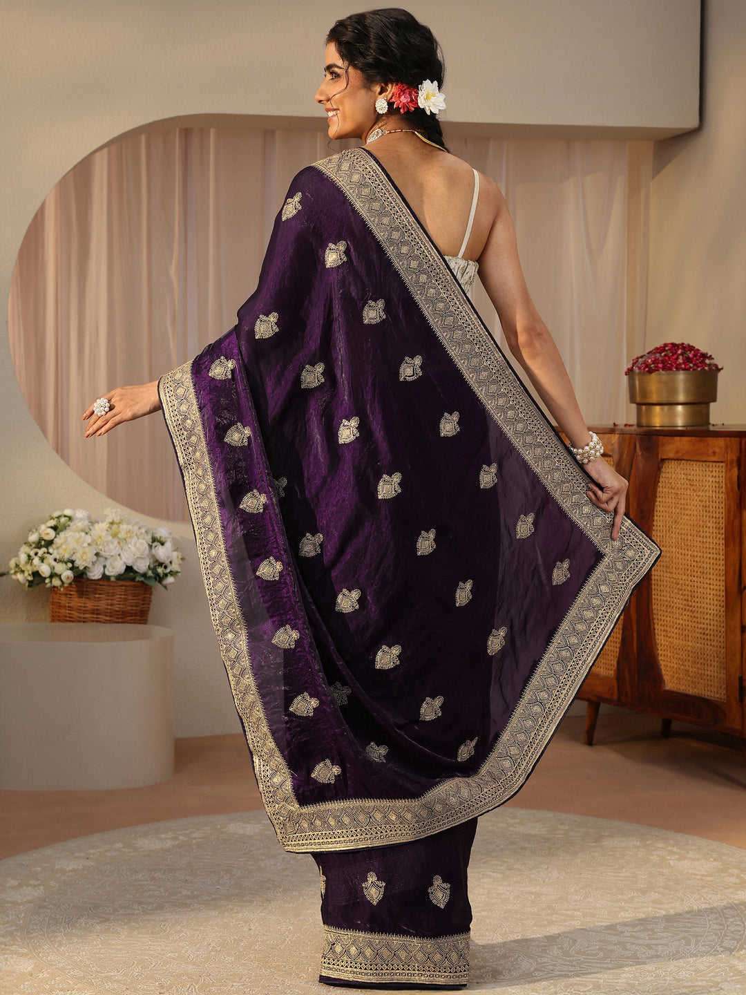 Purple Ethnic Embroidered Tissue Saree