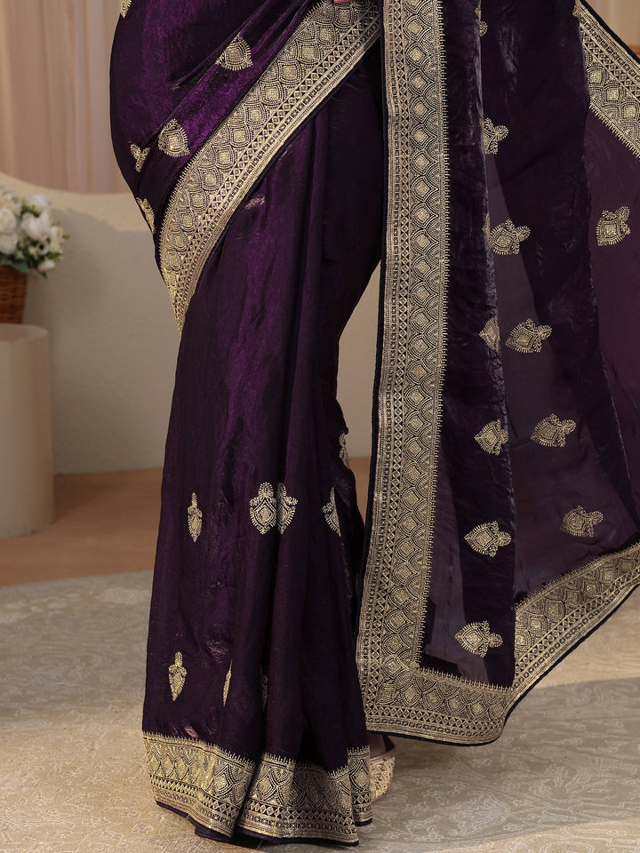 Purple Ethnic Embroidered Tissue Saree