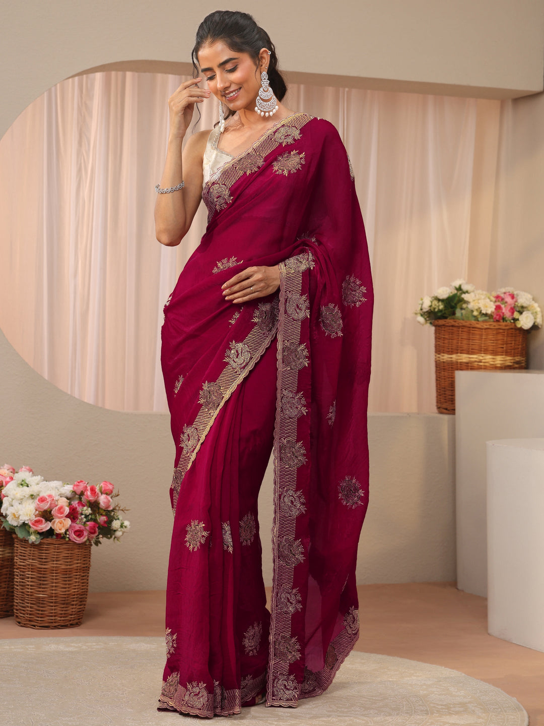 Red Floral Embroidered Tissue Saree
