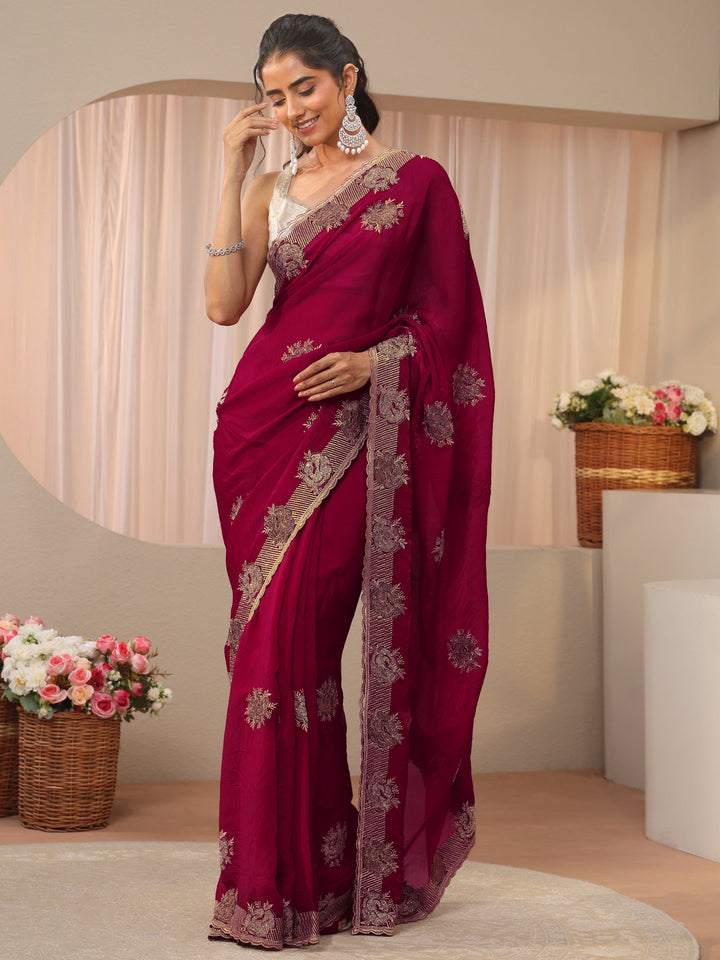 Red Floral Embroidered Tissue Saree