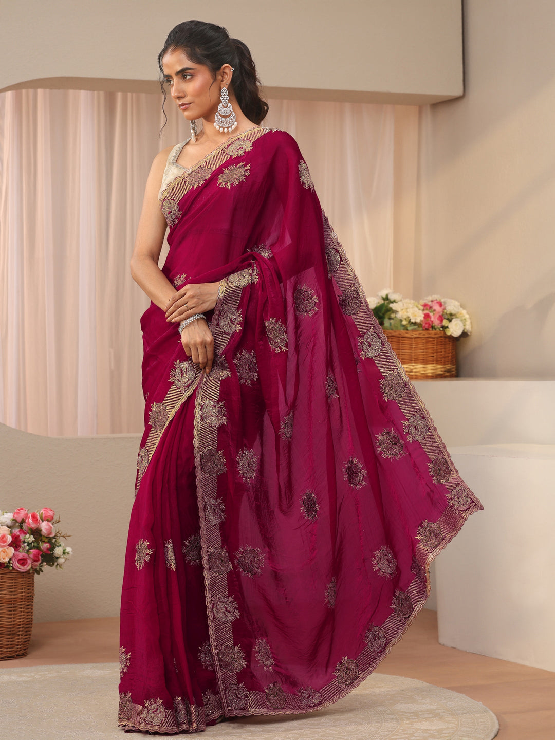 Red Floral Embroidered Tissue Saree