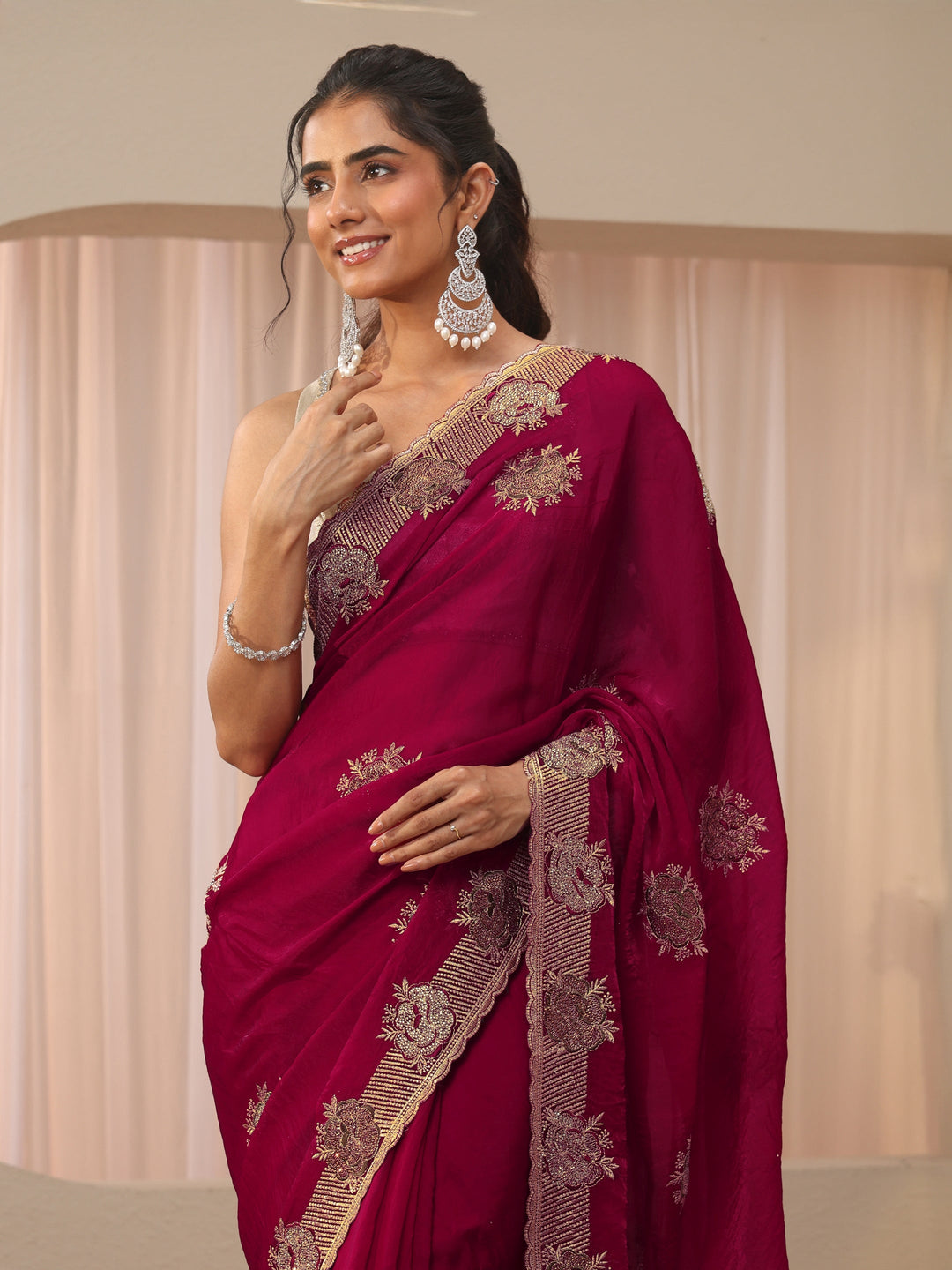 Red Floral Embroidered Tissue Saree