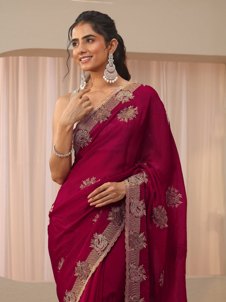 Red Floral Embroidered Tissue Saree