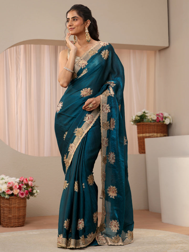 Teal Floral Embroidered Tissue Saree