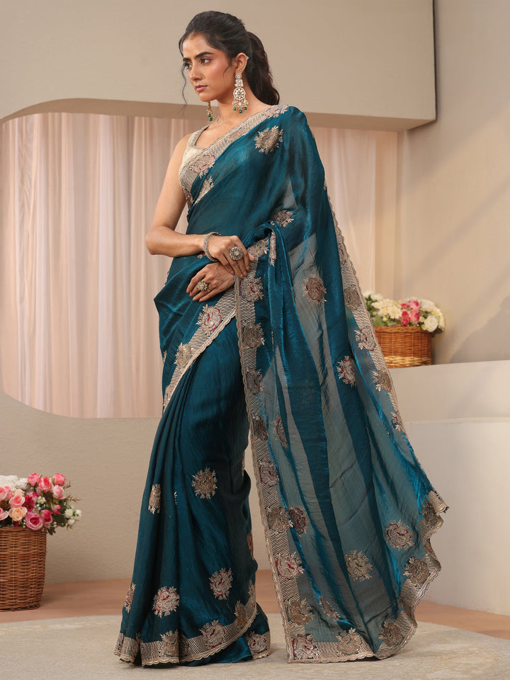 Teal Floral Embroidered Tissue Saree