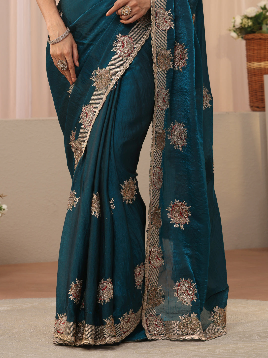 Teal Floral Embroidered Tissue Saree
